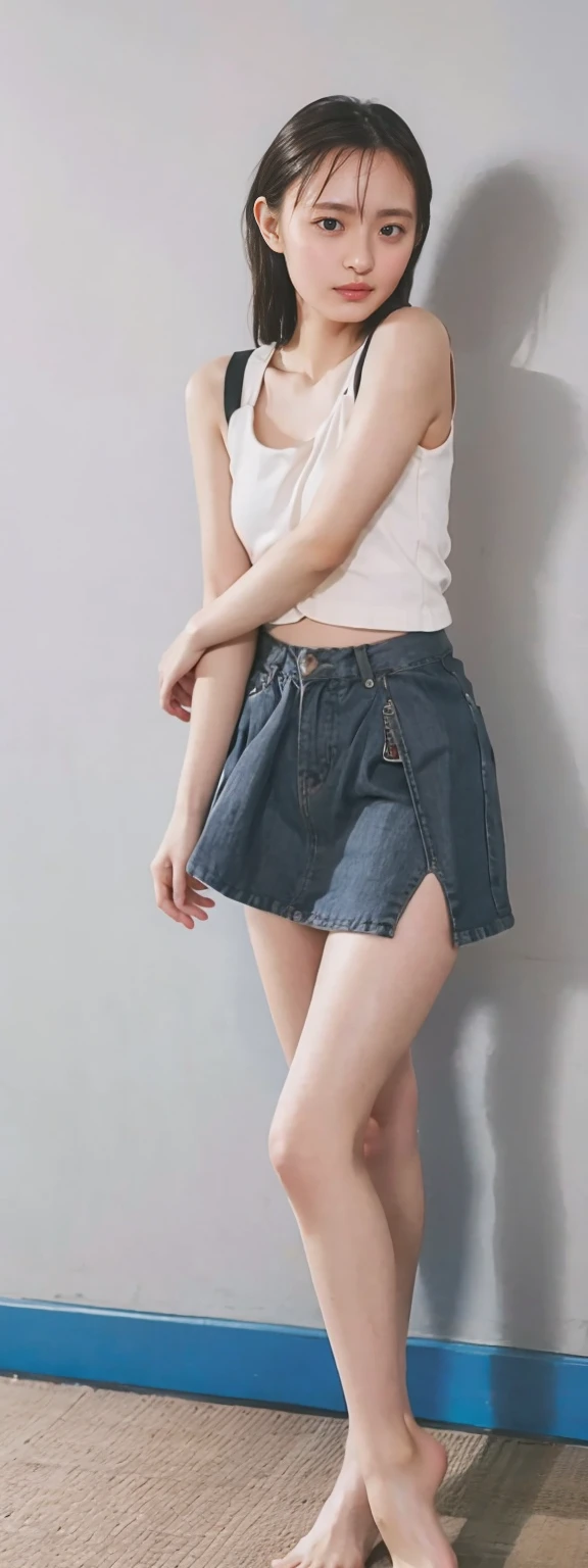 Open shirt, (((Leaning forward))), ((,Round face, Around ,mini skirt、Loose fitting tank top)), Long Hair, , Natural Makeup, Lips become thicker, Sexy Gaze, barefoot, ((Raise one leg)), Shooting from below,Gentle expression ,((Extremely precise and accurate anatomy)), (masterpiece:1.43), Perfect Proportions, Realistic photos, Full Shot, whole body, (height: 165cm),