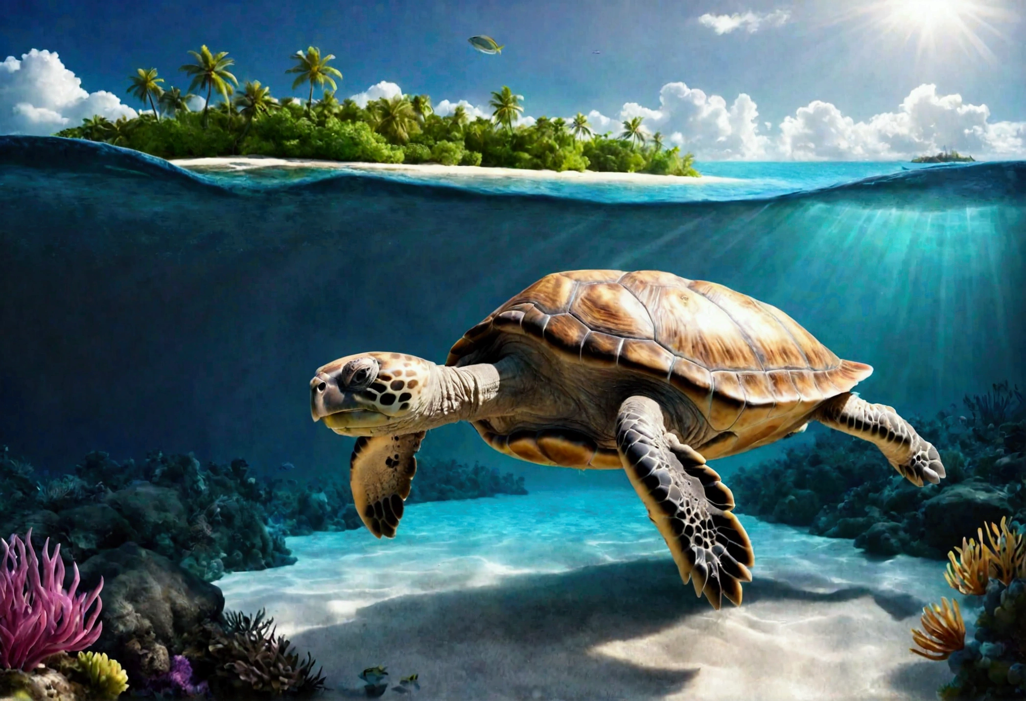 In a fantasy world ocean, an enormous tortoise swims leisurely in a calm ocean, there is an tropical island upon its back.
