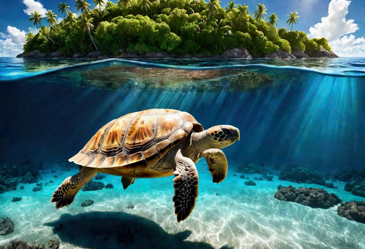 In a fantasy world ocean, an enormous tortoise swims leisurely in a calm ocean, there is an tropical island upon its back.