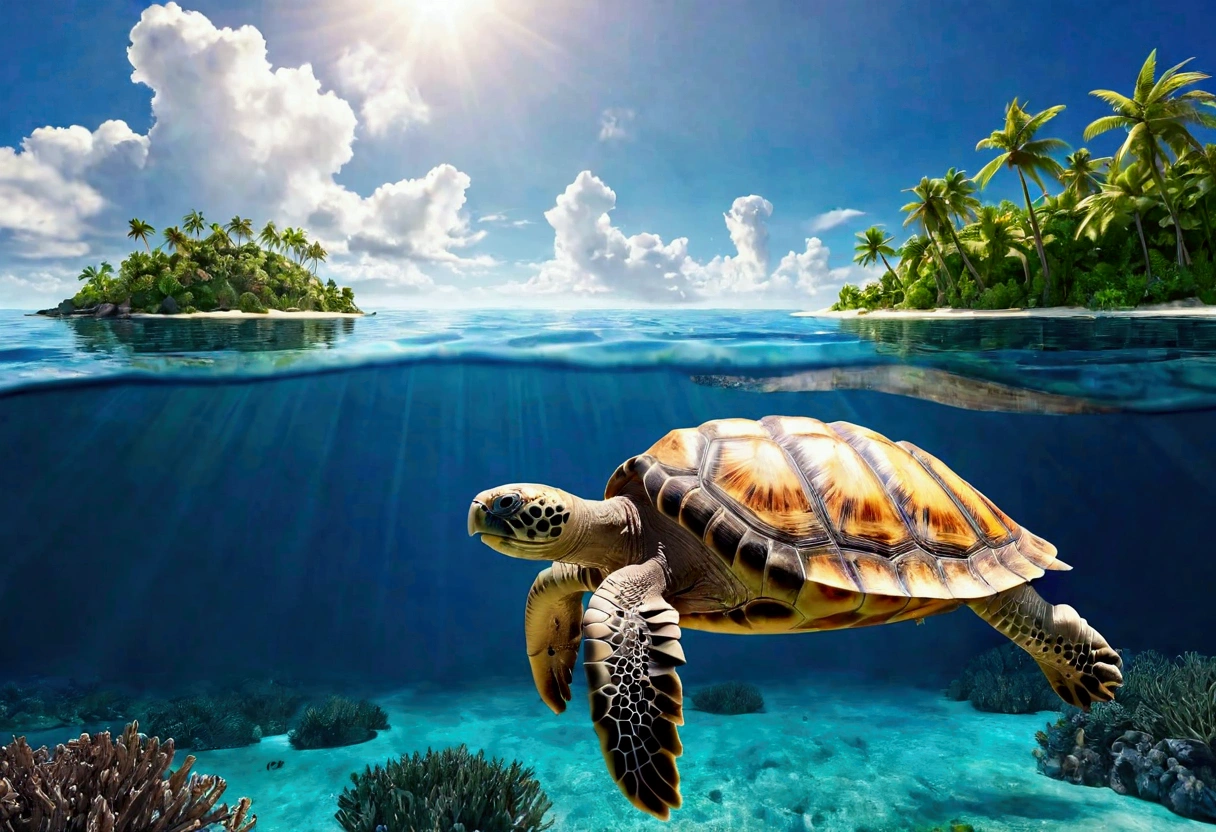 In a fantasy world ocean, an enormous tortoise swims leisurely in a calm ocean, there is an tropical island upon its back.
