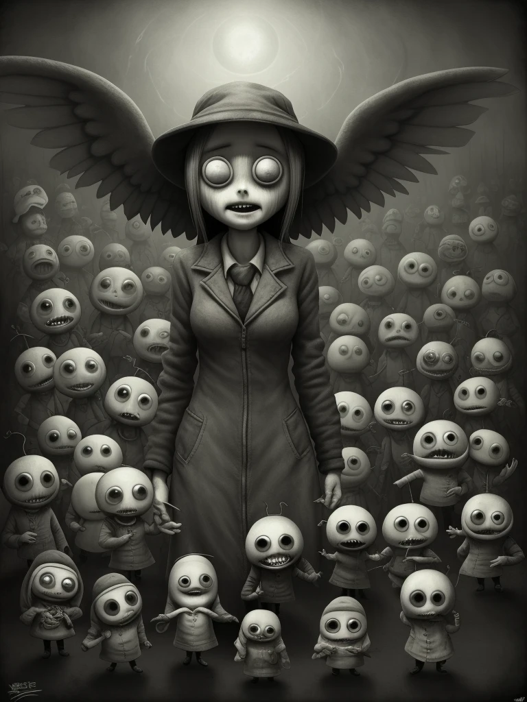 women angel wings with cartoon characters dressed in coats and hats , Anton Semenov, Machinarium Characters, dot pupils, Three eyes, Six of Little Nightmares, 3 heads, Three heads, creepy smiles, Three eyes, gloomy, por Yi Inmun, Lt. Tadeusz Brzozowski, few eyeballs, horrifying!!, Arte conceptual post grunge
