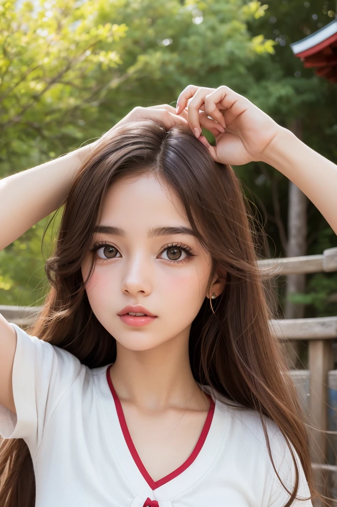 uma jovem garota, temple, innocent, naive, kind-hearted, fly away, Gracious and wise. brown eyes and hair, very clear skin and red lips. Japanese animation style