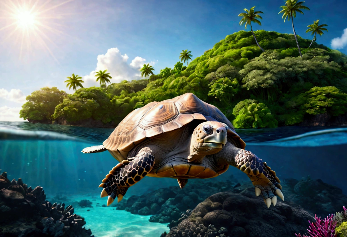 a giant tortoise swimming peacefully in a calm, tropical ocean, with a lush, verdant island resting atop its back, (best quality, 8k, highres, masterpiece:1.2), ultra-detailed, photorealistic, vibrant colors, dramatic lighting, intricate details, cinematic composition, fantasy, whimsical, awe-inspiring, serene atmosphere