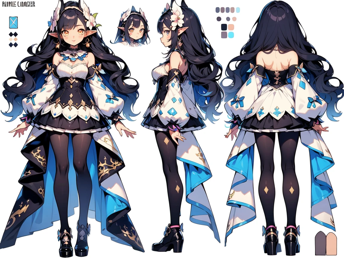 beautiful character design, best quality, anime woman, pastel color, elf ears, long black hair, clothing details with orchids, yellow eyes, vtuber, calm expression, white clothes, phoenix based, dark blue color, turquoise, white body clothes, saturated colors, expressive, vtuber, ,((black hair)), ((dark blue hair tips)), summer lightness, exposed shoulders and arms, transparencies clothes, seduction, smile, feminine style, mature woman, anime woman, pretty woman, black stockings, delicate orchid Accessories, fantasy detailed corset, surreal girl, anime girl, realistic girl, , Orchid Hair accessories, (blue pupils), forehead, fantasy, Medium and long end, ( Colorful) (best quality: 1.2), masterpieces, (High precision: 1.1), 8k resolution, (detailed), delicate, noise reduction, complex Details, Ultra detailed, Very detailed, complex, small details , CG, freshness, official art, oficial character design ((dark blue hair)), blue hair, long dark blue hair, white body clothe, black high socks, (expressive) (night phoenix inspirated) ((fullbody)) ((mommy vibes, big breasts)) vtuber design, famous vtuber clothes, sexy clothes, pretty, ((full vtuber sheet)) Vtuber character design ((mommy) 