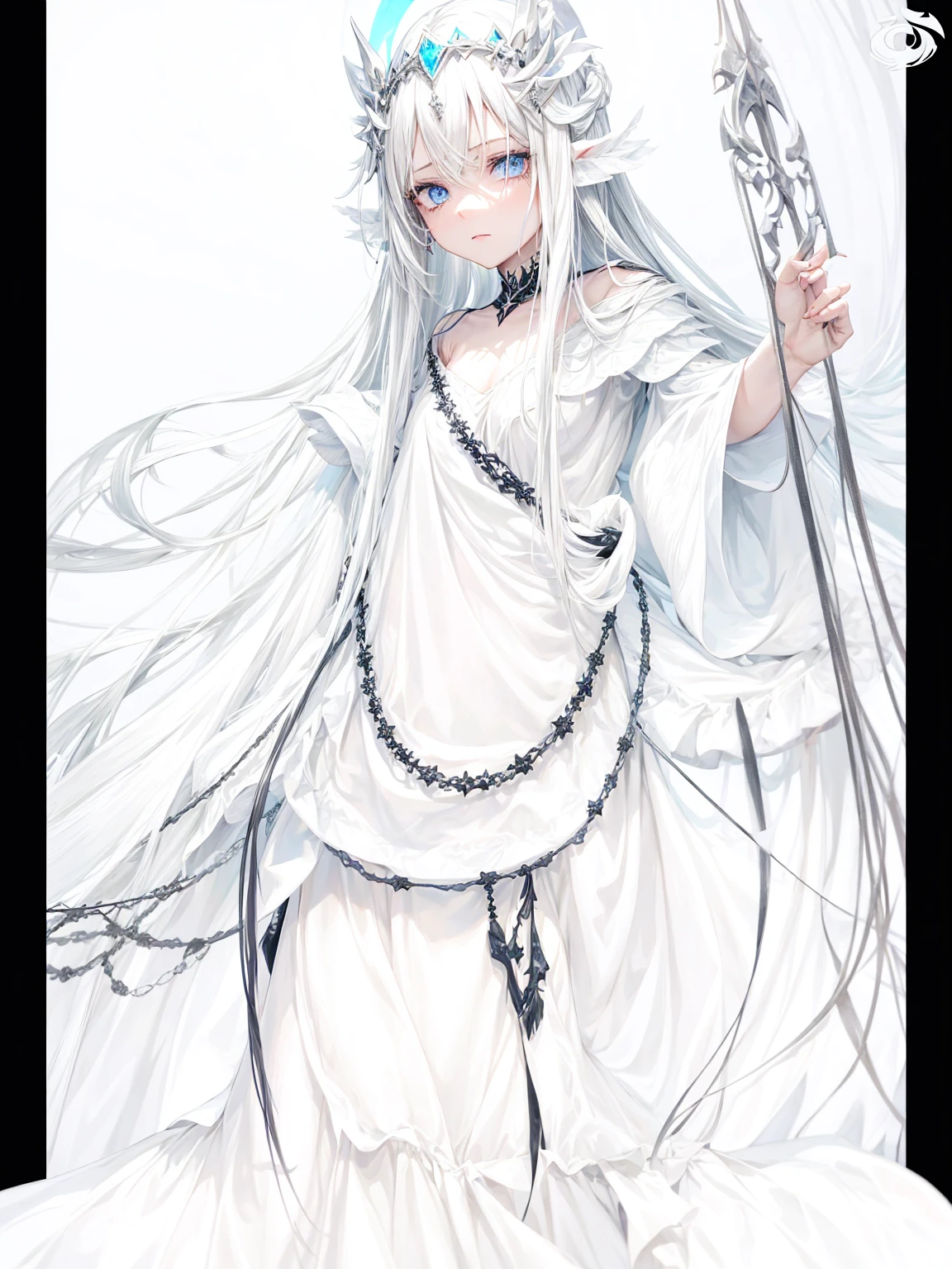 a young dark fantasy church priestess, with long black hair and white streaks, wearing an eyepatch on one eye, and her blueish green eyes, she cares a serious expression on her face and an angel like appearance, she wears elegant yet simple and modest black outfit, with some silver jewelry, she also wears a long see through veil on her head, with a faded sliver star shaped halo at the behind her head, she is holding her hands together symbolizing a prayer gesture.Long Hair, Black Hair, Blue eyes, mysterious, Hood, Halo, Anatomically Correct, Best Quality, Accurate, High Resolution, Looking at viewer, back view