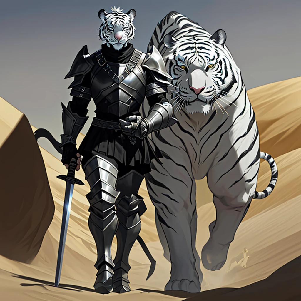 A dramatic image, a strong man with black armor and a large sword on his back a white tiger next to him walking, he is walking on the desert sand walking away mid distance view