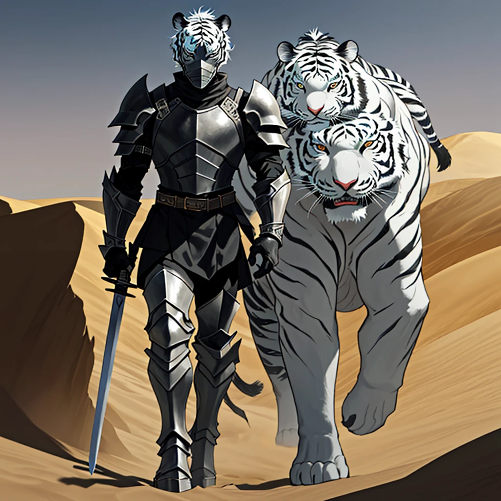 A dramatic image, a strong man with black armor and a large sword on his back a white tiger next to him walking, he is walking on the desert sand walking away mid distance view