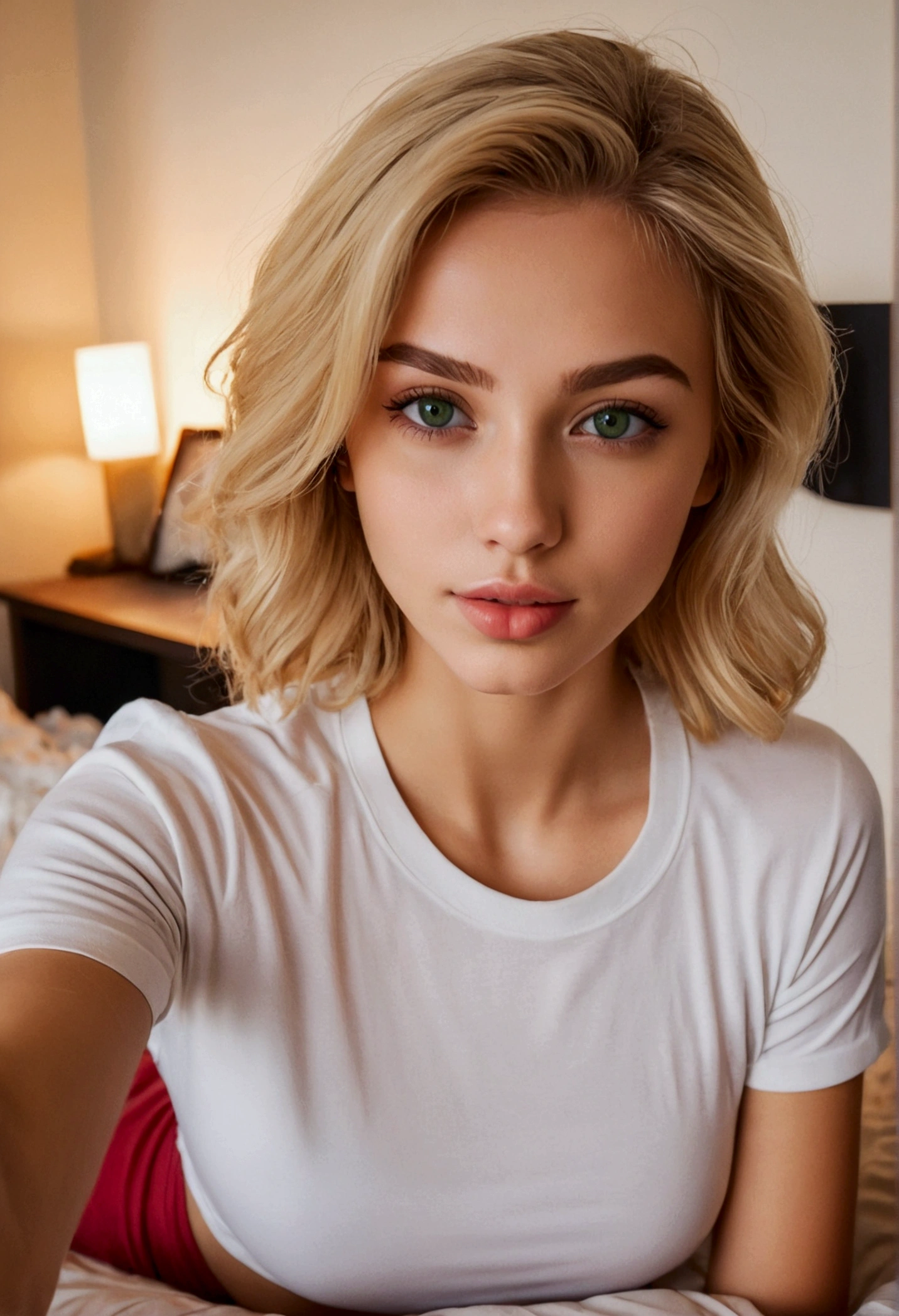 a beautiful 20 blonde girl with brown/green eyes, lying on her bed, taking a cute selfie picture, perfect body proportion, wearing a top shirt, detailed facial features, flawless skin, natural lighting, warm tones, 1girl, detailed face, masterpiece, detailed eyes, detailed lips, beautiful skin, natural lighting, warm colors, bedroom, bed, iPhone, selfie photo