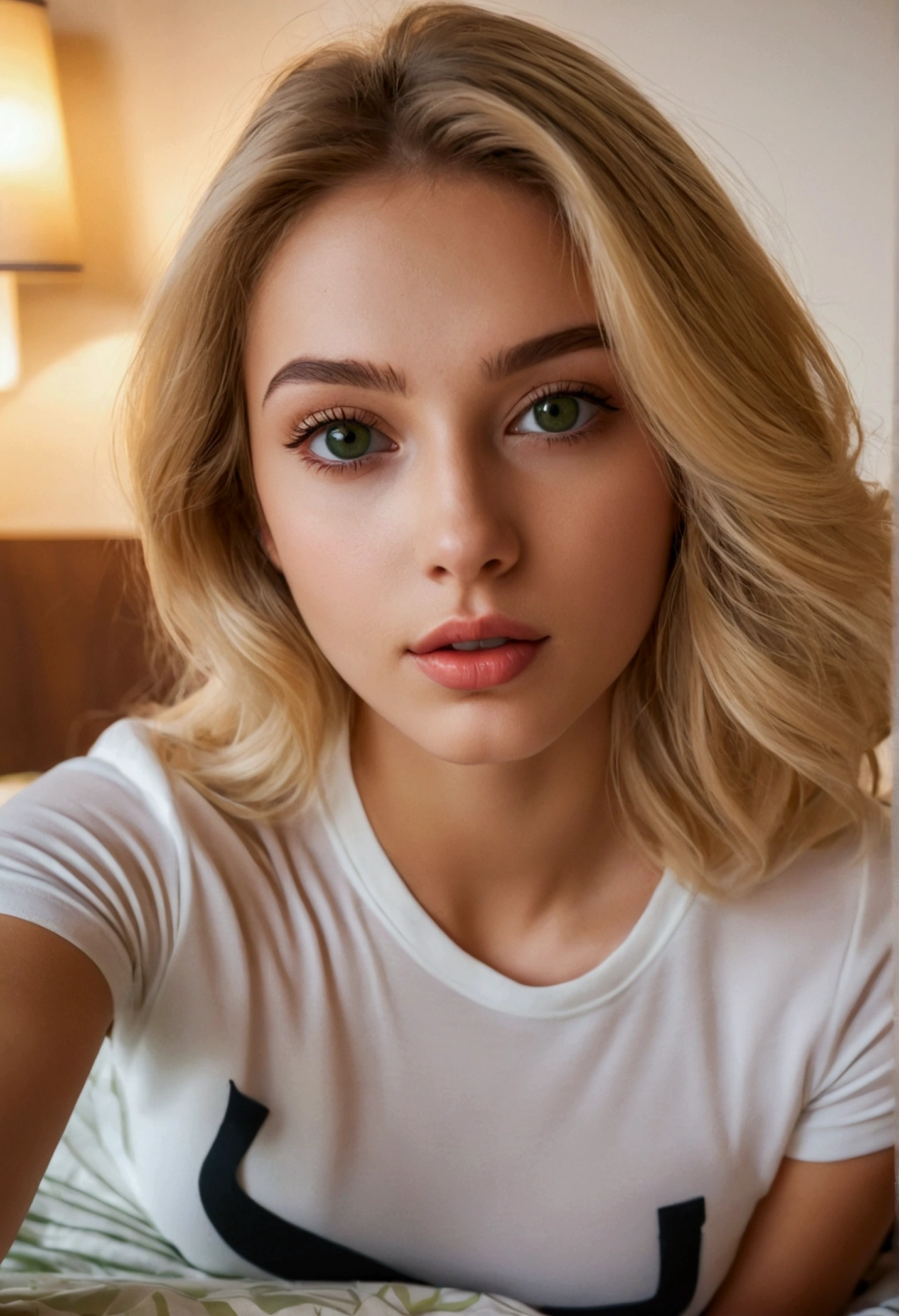 a beautiful 20 blonde girl with brown/green eyes, lying on her bed, taking a cute selfie picture, perfect body proportion, wearing a top shirt, detailed facial features, flawless skin, natural lighting, warm tones, 1girl, detailed face, masterpiece, detailed eyes, detailed lips, beautiful skin, natural lighting, warm colors, bedroom, bed, iPhone, selfie photo
