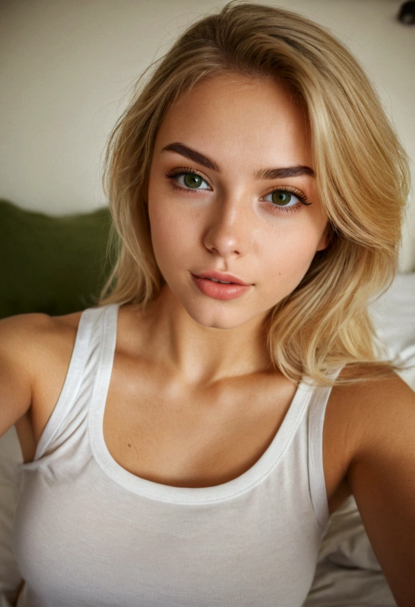 a beautiful 20 blonde girl with green eyes, long blonde hair, sitting on her bed, taking a cute selfie picture, perfect body proportion, wearing a top shirt and a skirt, detailed facial features, flawless skin, natural lighting, warm tones, 1girl, detailed face, masterpiece, detailed eyes, detailed lips, beautiful skin, natural lighting, warm colors, bedroom, bed, iPhone, selfie photo
