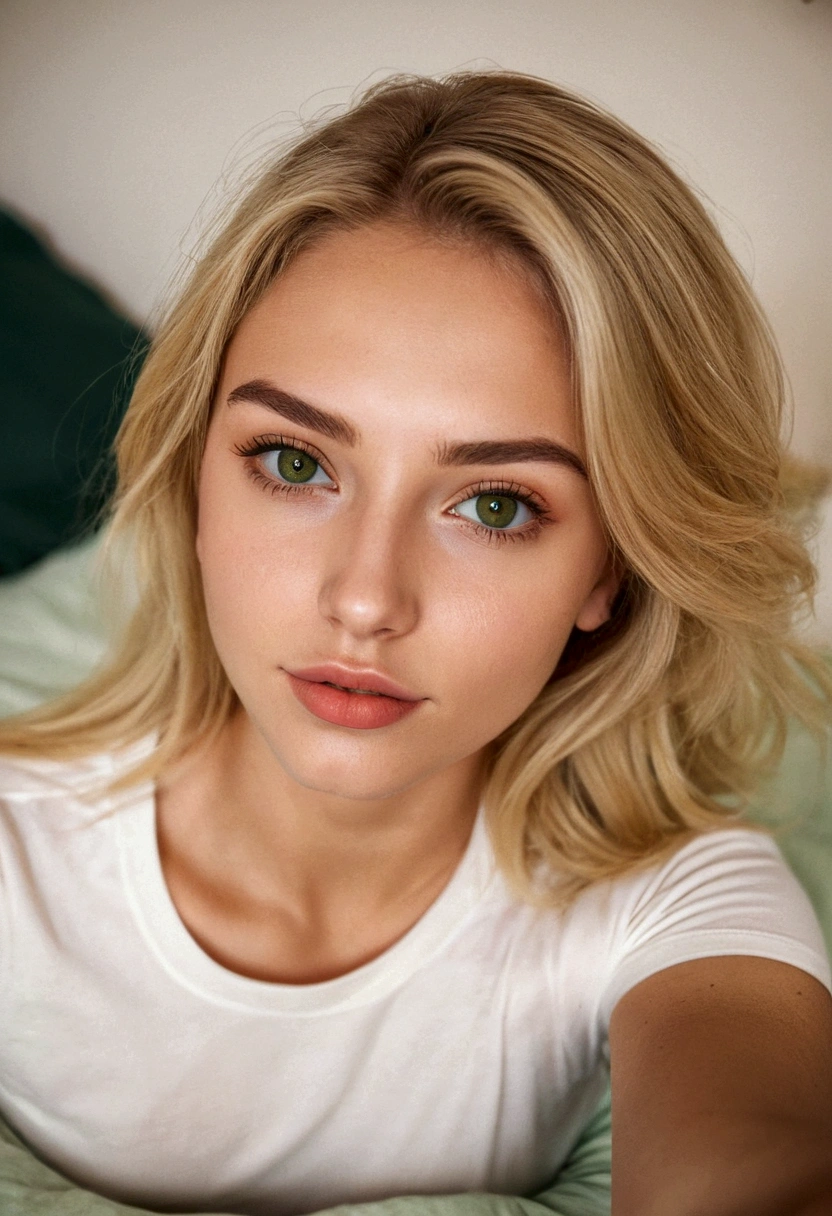 a beautiful 20 blonde girl with brown/green eyes, lying on her bed, taking a cute selfie picture, perfect body proportion, wearing a top shirt, detailed facial features, flawless skin, natural lighting, warm tones, 1girl, detailed face, masterpiece, detailed eyes, detailed lips, beautiful skin, natural lighting, warm colors, bedroom, bed, iPhone, selfie photo