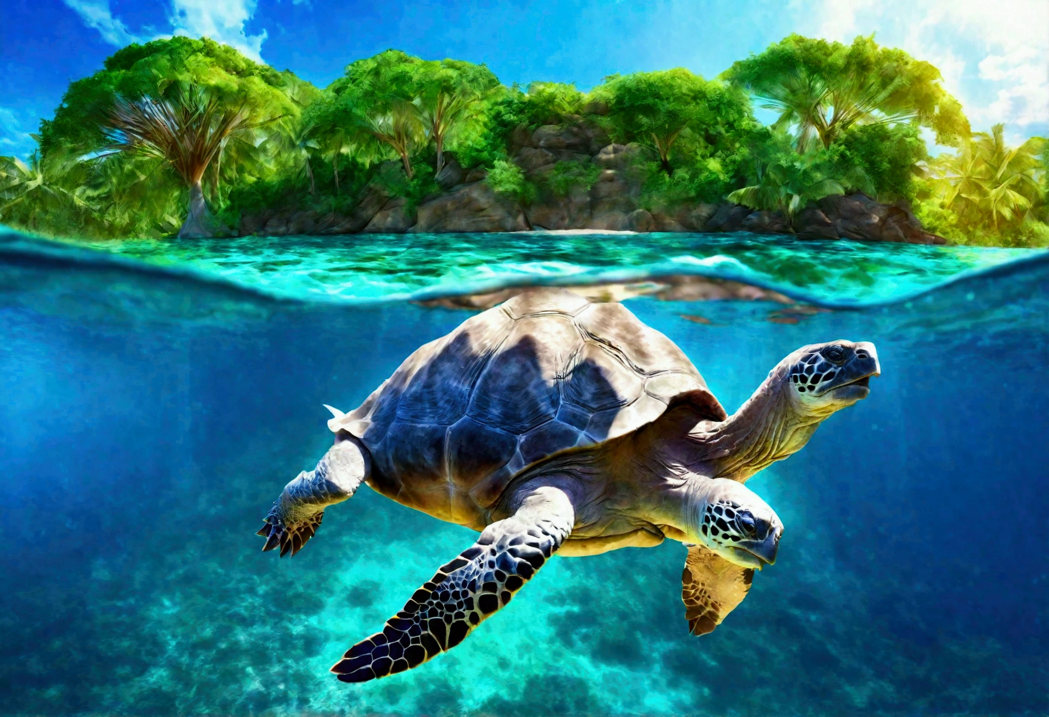 a giant tortoise swimming peacefully in a calm, tropical ocean, with a lush, verdant island resting atop its back, (best quality, 8k, highres, masterpiece:1.2), ultra-detailed, photorealistic, vibrant colors, dramatic lighting, intricate details, cinematic composition, fantasy, whimsical, awe-inspiring, serene atmosphere