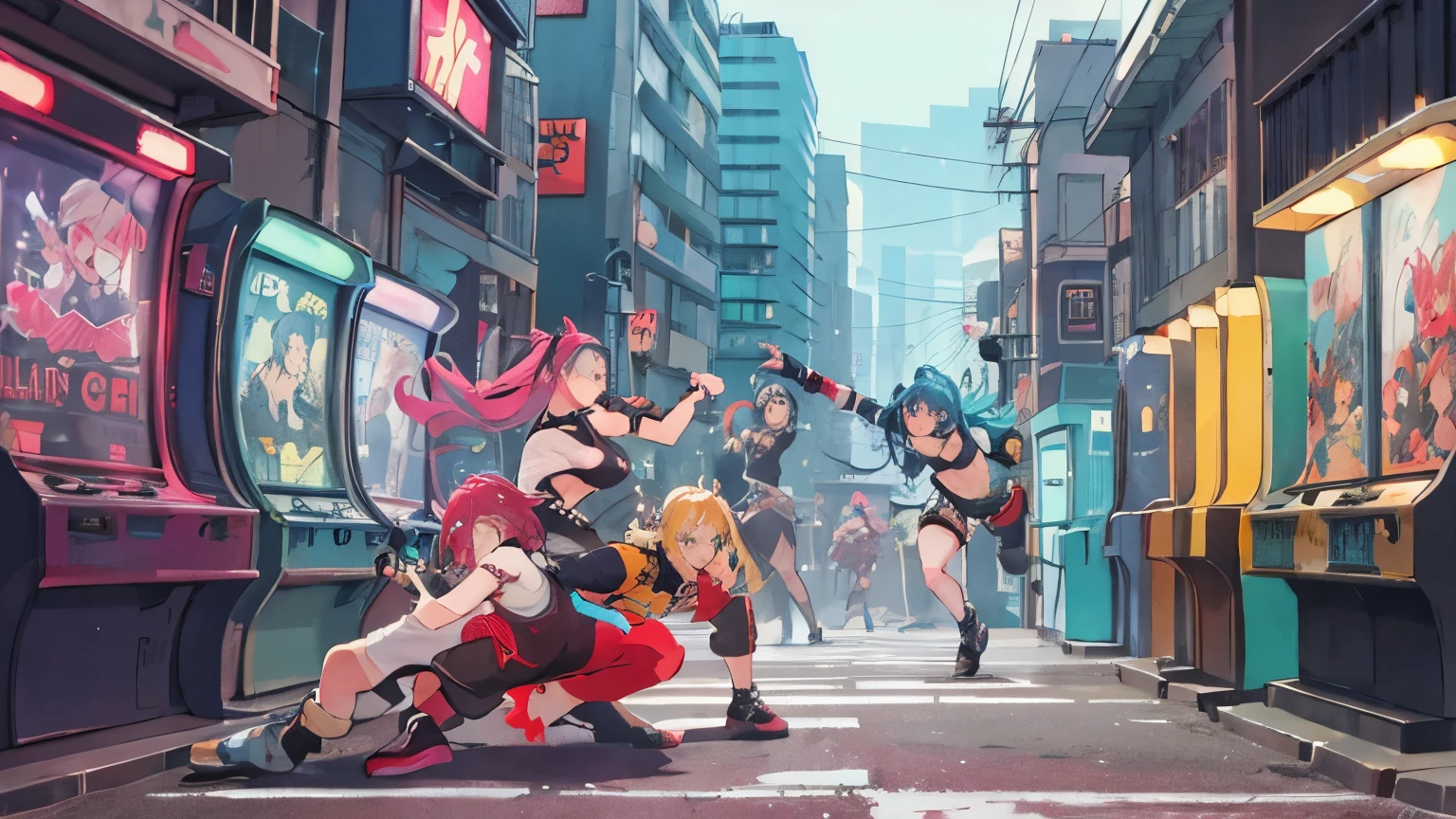 ((best qualityer)), ((work of art)), (detailded), (best qualityer),(detailded), 4 girls on a dark street, cute faces, anime faces, Kawaii faces, fighting against lots of punks, beat n' up style, camera lateral, video game retro, neon city, fighting game, visual retro, final fight style game, streets of rage, Anime Arcade Beat Em Up, fighting thugs, fighting mendigos, fighting punks, cute girls, kawaii, hardcore; ((best qualityer)), ((work of art)), (detailded), (best qualityer),(detailded), 4 girls on a dark street, cute faces, anime faces, Kawaii faces, fighting against lots of punks, beat n' up style, camera lateral, video game retro, neon city, fighting game, visual retro, final fight style game, streets of rage, Anime Arcade Beat Em Up, fighting thugs, fighting mendigos, fighting punks, cute girls, kawaii, hardcore;