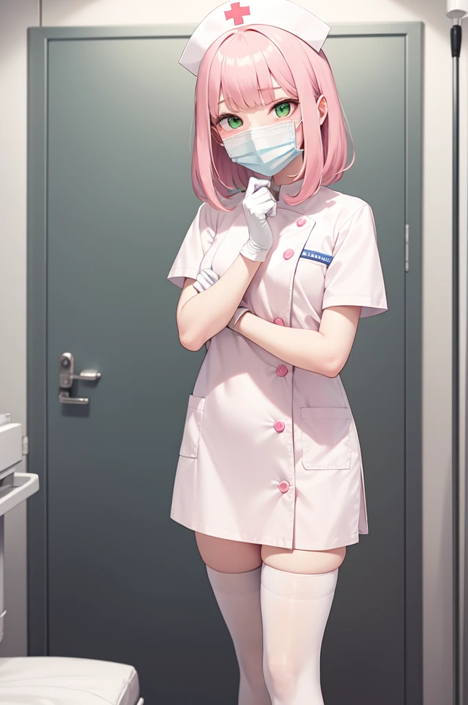 1boy, solo, male focus, nurse, white nurse cap, white nurse uniform, ((white legwear, zettai ryouiki)), white gloves, blunt bangs, pink hair, green eyes, drooping eyes, ((white surgical mask, covered nose)), standing, ((hospital room)), sharp outline, short sleeves, shota, , best quality, masterpiece