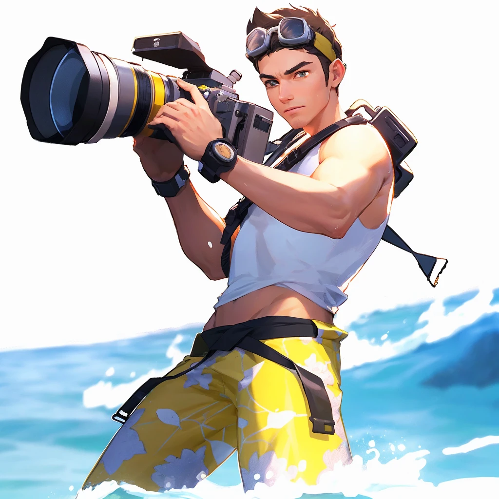 shuIn a white shirt，half body view,A handsome man standing at sea, Look away，short black hair, swimming goggles on his head, carrying a camera, camera on his shoulder, grabbing the camera with both hands, side view, cartoonishly handsome man with camera on his shoulder, handsome features, director, headphones on his head, summer clothes , is shooting a movie， idle game icon, highly detailed character, digital character illustration, disney art style,The image of the male protagonist in the battle royal, realistic character, character style, backlit, charming character illustration style, masterpiece best quality,, clean background iw 2 ，Super Detail, 16K, Texture Skinning, High Detail, 3D Rendering, Raytracing, Octane Renderer, Blender Renderer, C4D Renderer Aspects 9:16 --niji 5 --s 180 