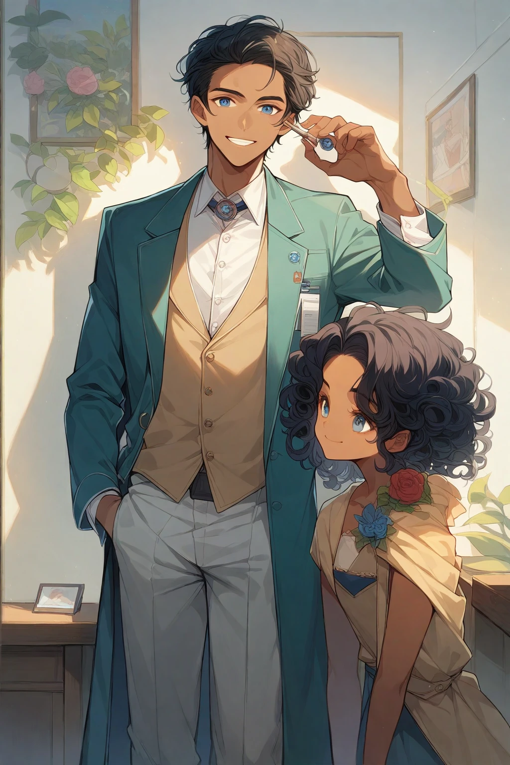 (( straight face picture )) ((best quality)), (Masterpiece)), (details), ( Beautiful colors ) ( ornamentation )( man ) ,doctorหนุ่ม , Tanned skin , black hair,blue eyes ,Shoulder-length hair ,Slightly curly hair , open forehead , suit ,doctor , Smiling.