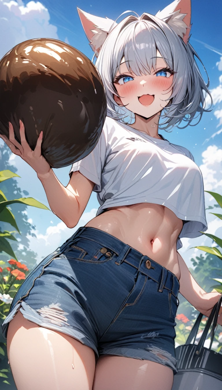 (((best quality)), ((masterpiece)), (details), masterpiece, best quality, high quality, ulutra detailed, perfect face, ((1girl, blue eyes, cat ears: 1.3 silver bob hair: 2.5,)) 、Shiny Hair、Glowing Skin、blush、Lustful look、smile、Eat large rice balls、garden、blue sky、Side Angle、Gobble、T-Shirts、I can see your toned stomach、Denim shorts、High-top sneakers、