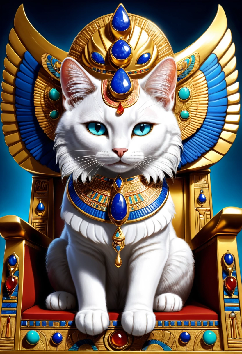 White feline Goddess (sitting upon majestic golden Egyptian throne with ornate carvings and hieroglyphs, backseat wings:1.2), (ornate collar with lapis lazuli, turquoise, carnelian:1.1), (ornate regal headdress encrusted with gems:1.1), ((divine glowing golden (cookie above head:1.2), (ornate columns with hieroglyphs), blue eyes, (soft cartoon:1.3), masterpiece in maximum 16K resolution, best quality, ultra detailed, aesthetics, absurdes.