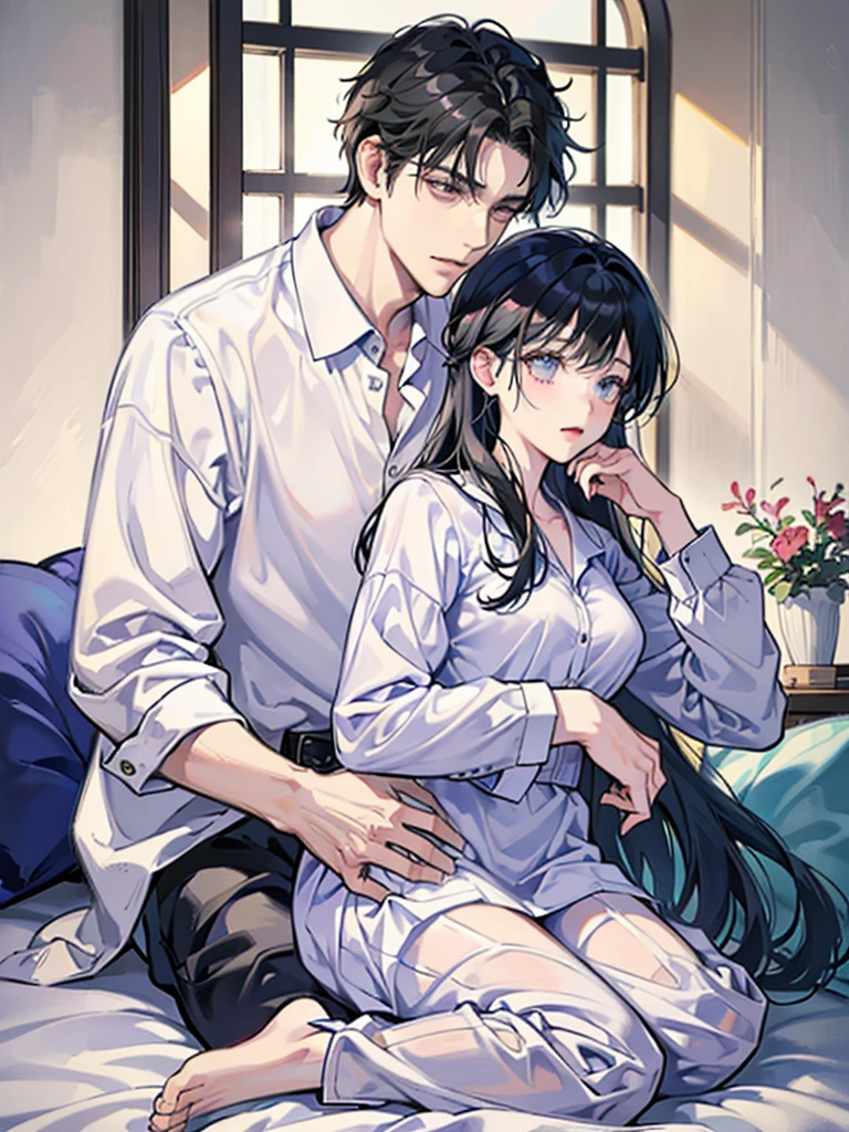 college student couple、Lovers、black hair girl、cute、droopy eyes、hug、tall man、Handsome guy、detailed face、バックhug、pajamas、white clothes、A woman sits on a man&#39;s lap、smile