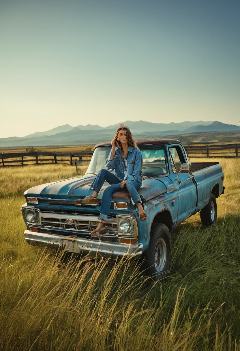Cinematic, realistic, UHD, A stunning medium range shot photo by Steven Klein of a young supermodel in flannel shirt and denim pants perched atop an old, weathered blue matte pickup truck. She exudes confidence and grace as she poses barefoot amidst tall wild grass. The rustic fence and quaint farmhouse in the background hint at a serene countryside setting. A majestic mountain row looms in the distance, adding depth and scale to the scene. The overall atmosphere of the photo is natural and serene, capturing the essence of a perfect summer day., photo