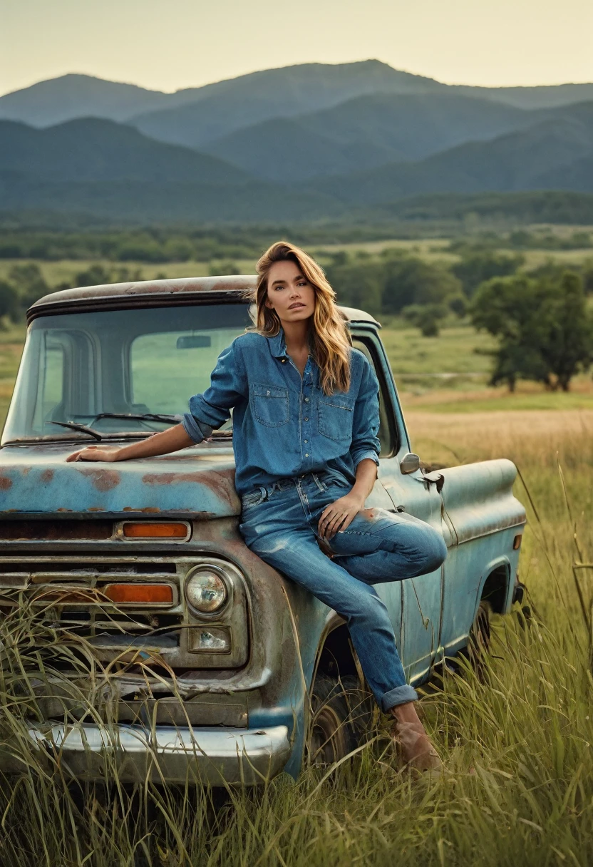 Cinematic, realistic, UHD, A stunning medium range shot photo by Steven Klein of a young supermodel in flannel shirt and denim pants perched atop an old, weathered blue matte pickup truck. She exudes confidence and grace as she poses barefoot amidst tall wild grass. The rustic fence and quaint farmhouse in the background hint at a serene countryside setting. A majestic mountain row looms in the distance, adding depth and scale to the scene. The overall atmosphere of the photo is natural and serene, capturing the essence of a perfect summer day., photo
