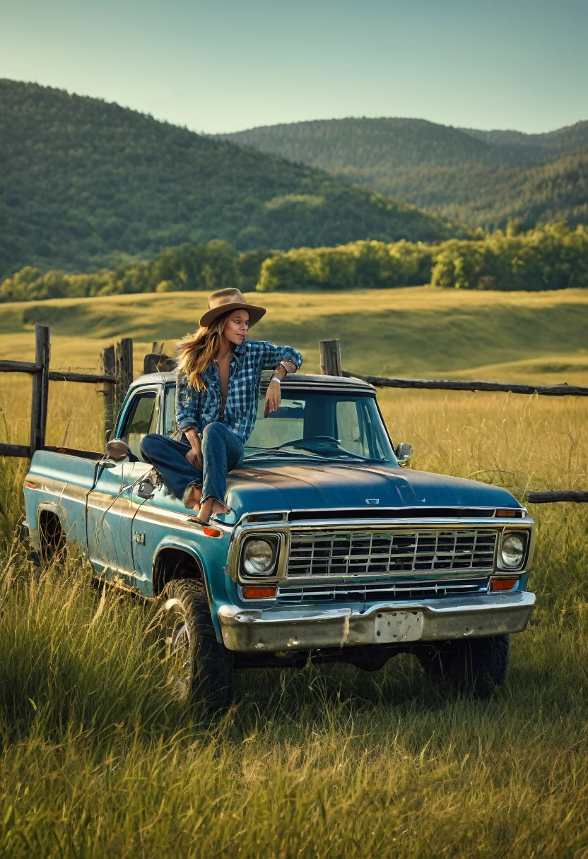 Cinematic, realistic, UHD, A stunning medium range shot photo by Steven Klein of a young supermodel in flannel shirt and denim pants perched atop an old, weathered blue matte pickup truck. She exudes confidence and grace as she poses barefoot amidst tall wild grass. The rustic fence and quaint farmhouse in the background hint at a serene countryside setting. A majestic mountain row looms in the distance, adding depth and scale to the scene. The overall atmosphere of the photo is natural and serene, capturing the essence of a perfect summer day., photo
