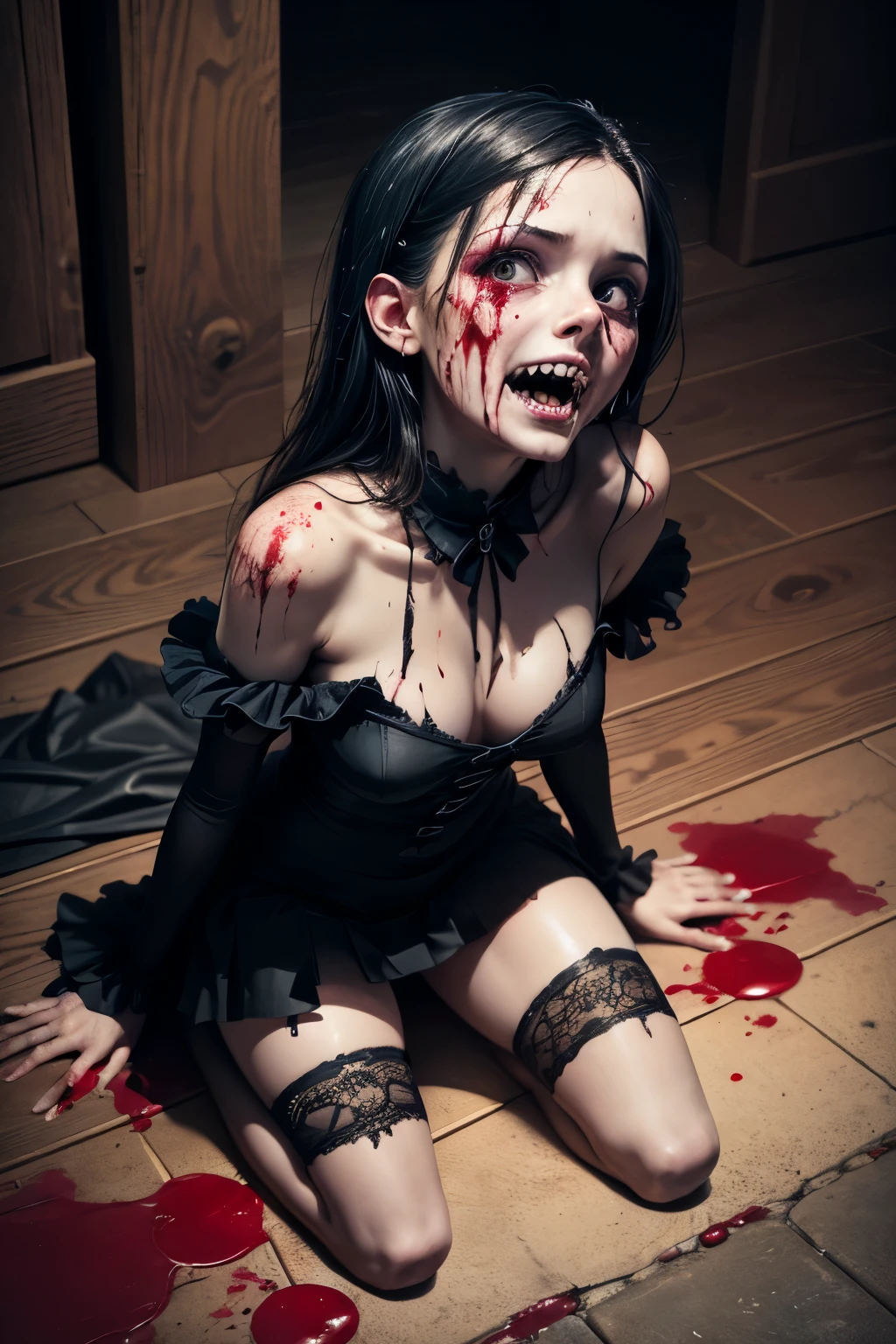 Masterpiece, best quality, from above view, 1girl, ((goth)), ((pale_skin)), sharp teeth, horror, messy hair, looking up, runny makeup, goth, horror, evil laugh, spooky, broken black paiamas, , kneeling on floor, wooden chamber, (bloody strange eerie sign, scratched), ((splashed blood on floor)), darkness, cruelty, low light, hyperdetailed, high_res