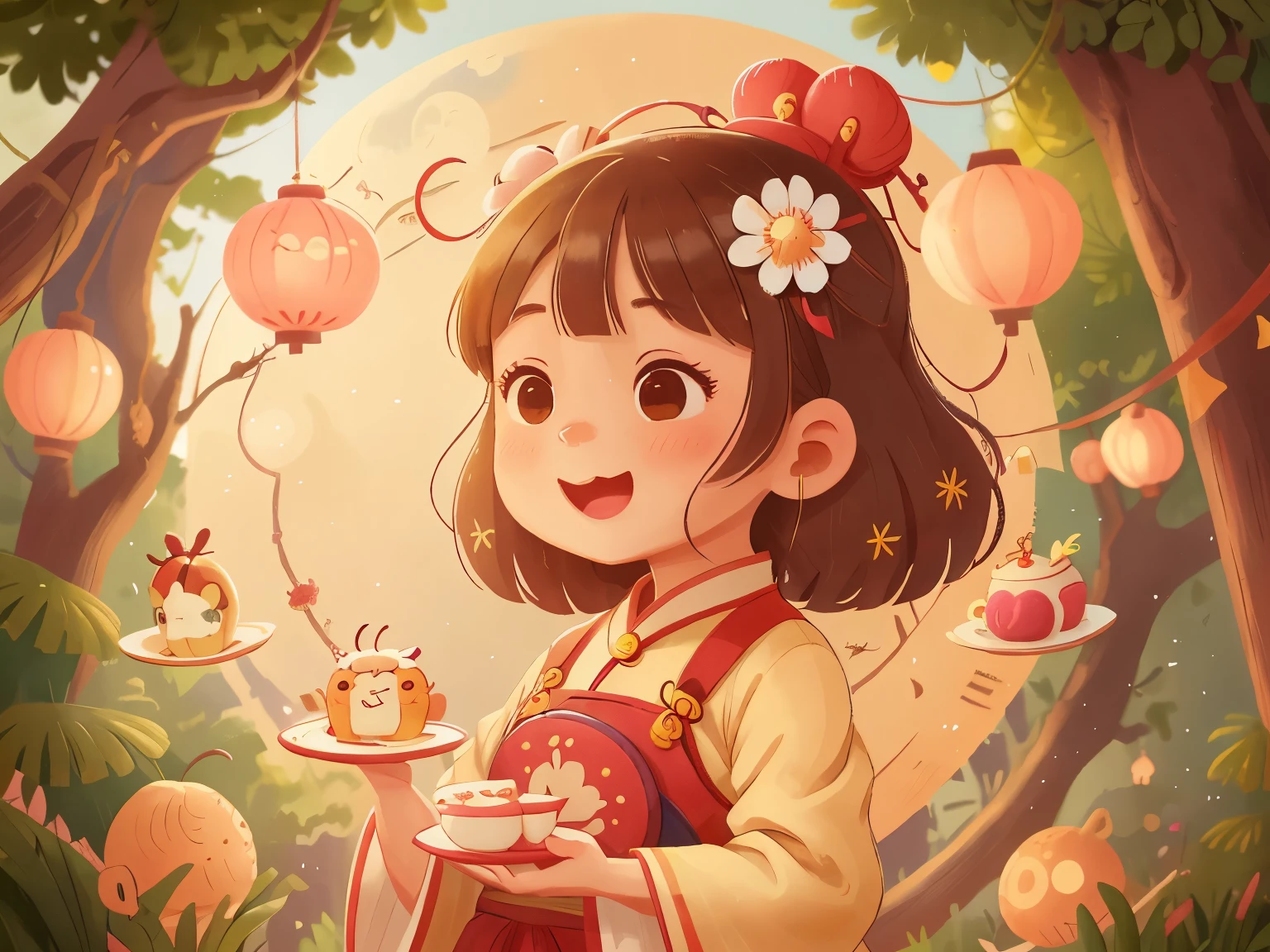 A girl wearing Hanfu,Girl holding a plate of mooncakes,Smiley Face,OK, Happy, Happy, perfect quality, Be focused (Clutter - Home: 0.8), (masterpiece: 1.2) (Practical: 1.2) (Bokeh) (最OK质量) (Delicate skin: 1.3) (Intricate details) (8K) (Eye details) (Clear focus), (Happy),Sky background,Big full moon,Two White Rabbits,Many lanterns,