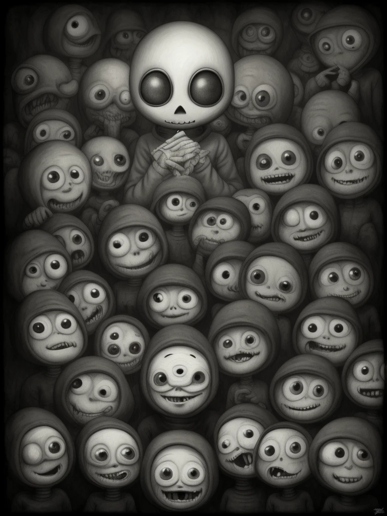 women angel wings with cartoon characters dressed in coats and hats , Anton Semenov, Machinarium Characters, dot pupils, Three eyes, Six of Little Nightmares, 3 heads, Three heads, creepy smiles, Three eyes, gloomy, por Yi Inmun, Lt. Tadeusz Brzozowski, few eyeballs, horrifying!!, Arte conceptual post grunge