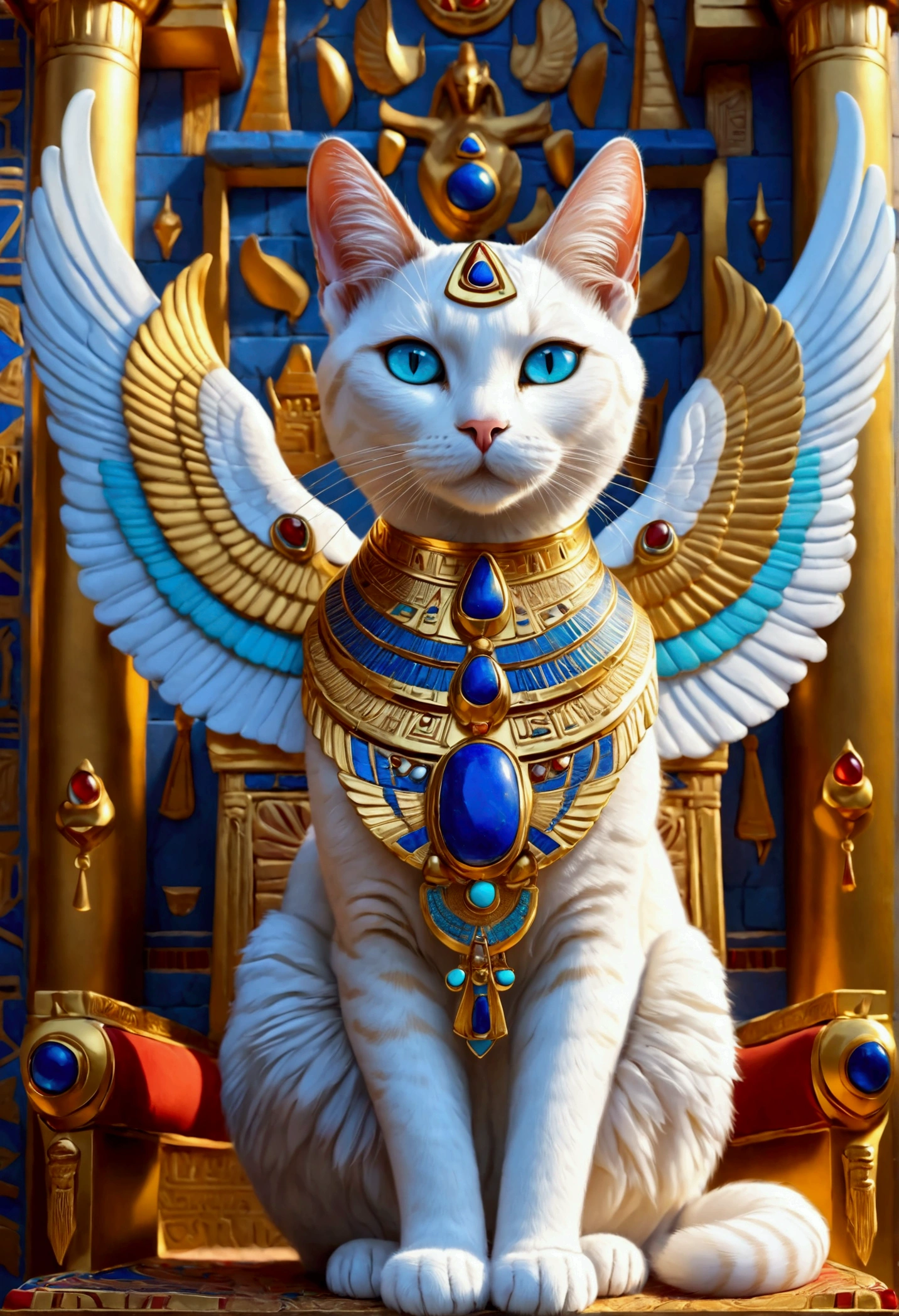 ((Anthropomorphic:1.3) feline goddess ((holding big divine golden radiating cookie above its head:1.3)), ((sitting upon Egyptian majestic golden seat:1.2) with luxurious fabrics and intricate carvings and hieroglyphs, (backseat wings:1.2), (collar with lapis lazuli, turquoise, carnelian:1.1), (intricate Egyptian regal headdress encrusted with gems:1.2), white fur, blue eyes, (columns with intricate hieroglyphs), bright colors, masterpiece in maximum 16K resolution, best quality, ultra detailed, aesthetics, absurdes.