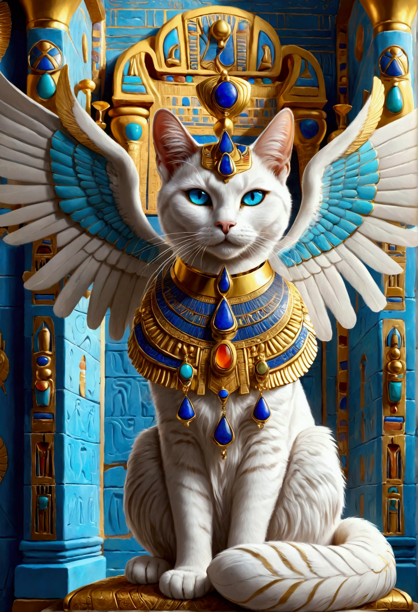 White feline Goddess (sitting upon majestic golden Egyptian throne with ornate carvings and hieroglyphs, backseat wings:1.2), (ornate collar with lapis lazuli, turquoise, carnelian:1.1), (ornate regal headdress encrusted with gems:1.1), ((divine glowing golden (cookie above head:1.2), (ornate columns with hieroglyphs), blue eyes, (soft cartoon:1.3), masterpiece in maximum 16K resolution, best quality, ultra detailed, aesthetics, absurdes.
