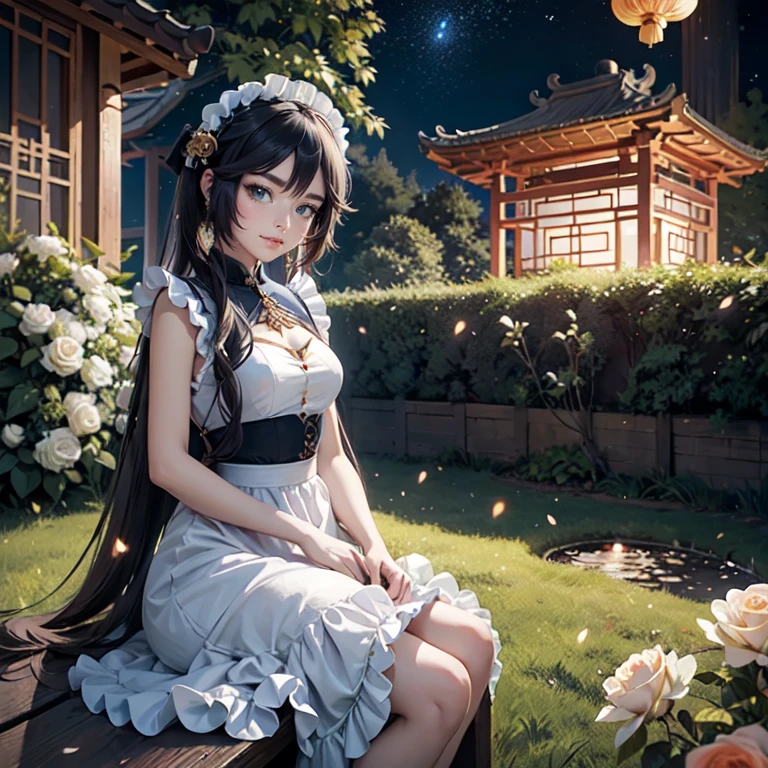 Mona_(genshin impact), 1girl, white roses, ornament hair, roses on her hair, maid, maid dress, maid headdress, maid apron, black hair, long hair, seat on a grass, garden scene, Chinese maid dress, gold lantern, navy dress, more details on her clothes, golden details, night, smiling, coat, chinese style, solo, alone, crystal, curtains, full moon on the sky, laces, frills, sparkles, fireflies, sitting on the grass, chinese architecture on the background, white roses on the floor, garden scenery, mini skirt 