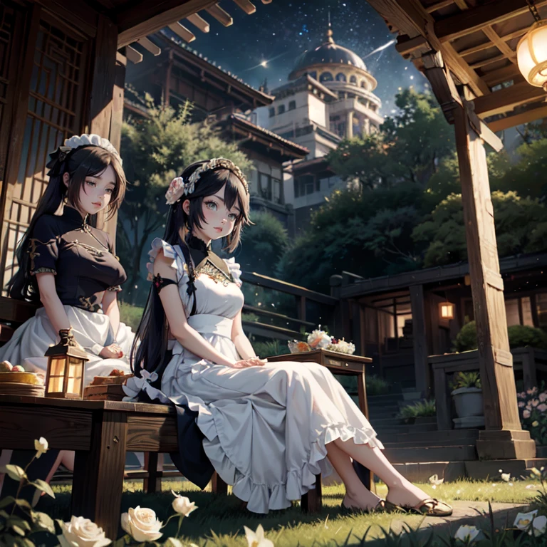 Mona_(genshin impact), 1girl, white roses, ornament hair, roses on her hair, maid, maid dress, maid headdress, maid apron, black hair, long hair, seat on a grass, garden scene, Chinese maid dress, gold lantern, navy dress, more details on her clothes, golden details, night, smiling, coat, chinese style, solo, alone, crystal, curtains, full moon on the sky, laces, frills, sparkles, fireflies, sitting on the grass, chinese architecture on the background, white roses on the floor, garden scenery, mini skirt 