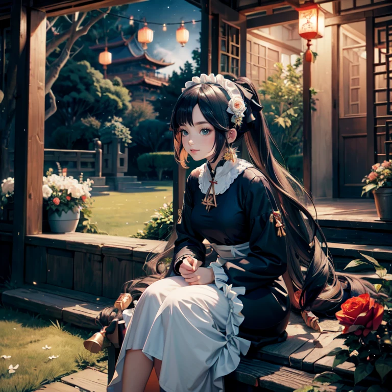 Mona_(genshin impact), 1girl, white roses, ornament hair, roses on her hair, maid, maid dress, maid headdress, maid apron, black hair, long hair, seat on a grass, garden scene, Chinese maid dress, gold lantern, navy dress, more details on her clothes, golden details, night, smiling, coat, chinese style, solo, alone, crystal, curtains, full moon on the sky, laces, frills, sparkles, fireflies, sitting on the grass, chinese architecture on the background, white roses on the floor, garden scenery, mini skirt 