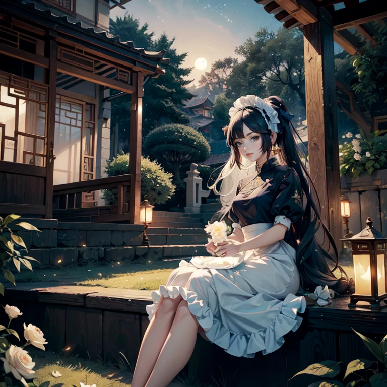 Mona_(genshin impact), 1girl, white roses, ornament hair, roses on her hair, maid, maid dress, maid headdress, maid apron, black hair, long hair, seat on a grass, garden scene, Chinese maid dress, gold lantern, navy dress, more details on her clothes, golden details, night, smiling, coat, chinese style, solo, alone, crystal, curtains, full moon on the sky, laces, frills, sparkles, fireflies, sitting on the grass, chinese architecture on the background, white roses on the floor, garden scenery, mini skirt 