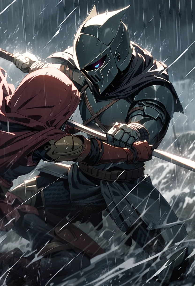 A Spartan warrior fighting in the rain against a hooded warrior 