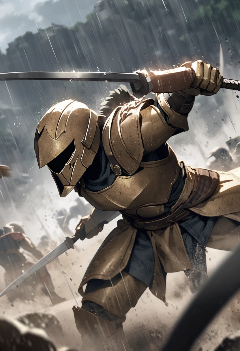 A Spartan warrior fighting in the rain against a hooded warrior