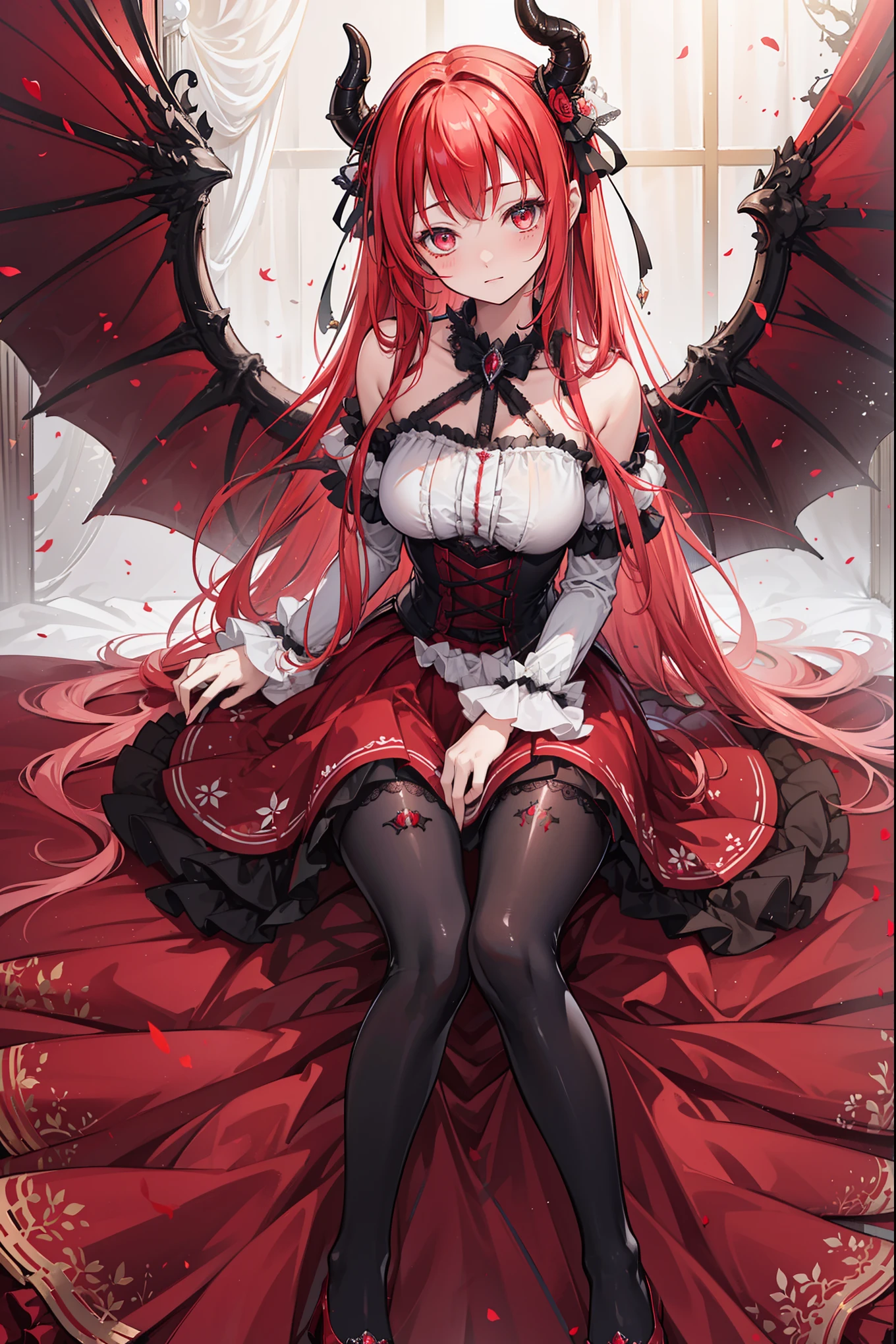 (Extremely detailed CG unity),Detailed clothes, Masterpiece, An extremely delicate and beautiful, full body shot of, 1girll, Sitting position,  messy  hair, Beautiful detailed eyes，red color eyes, lacepantyhose，florals，The horns of the succubus，girls shoes，Avoid extra feet，Exquisite and completely transparent gothic style tight long skirt