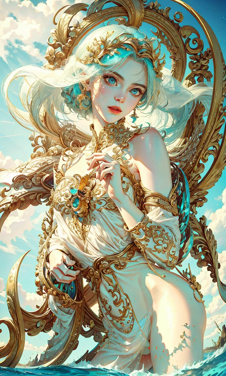 （best qualtiy）， （（tmasterpiece））， 1个Giant Breast Girl，（独奏），half-body portrait， Delicate face， looking at viewert， Firm eyes， exposed bare shoulders，Exquisitehands， Um ser celestial， light particules， The halo，the ocean， Full of energy， Colorful colors， （Bio-luminescence），（Detailed composition）， 电影灯光