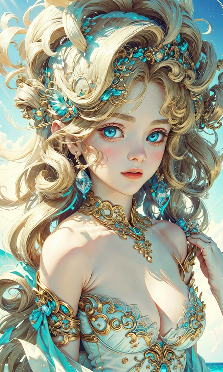 （best qualtiy）， （（tmasterpiece））， 1个Giant Breast Girl，（solo），half-body portrait， Delicate face， looking at viewert， firm eyes， exposed bare shoulders，Exquisitehands， Um ser celestial， light particules， The halo，the ocean， Full of energy， Colorful colors， （Bio-luminescence），（Detailed composition）， Movie Lighting