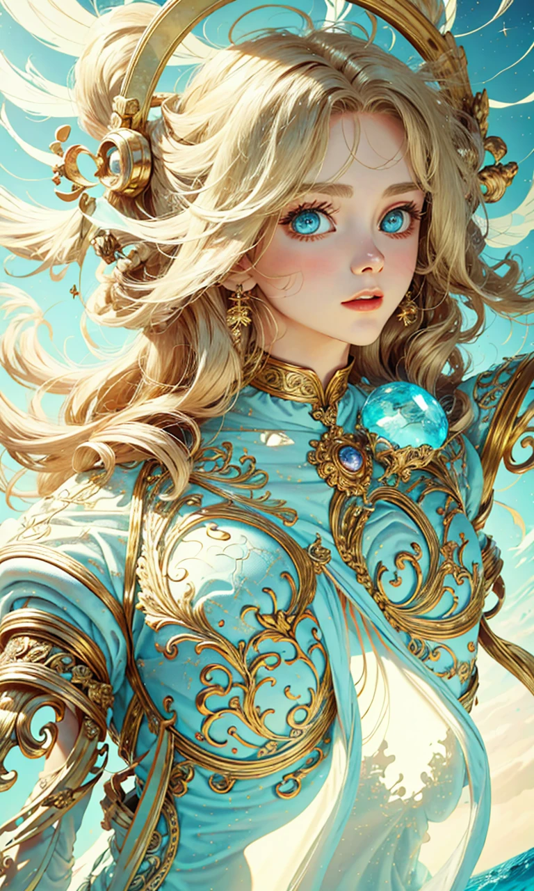 （best qualtiy）， （（tmasterpiece））， 1个Giant Breast Girl，（solo），half-body portrait， Delicate face， looking at viewert， firm eyes， exposed bare shoulders，Exquisitehands， Um ser celestial， light particules， The halo，the ocean， Full of energy， Colorful colors， （Bio-luminescence），（Detailed composition）， Movie Lighting