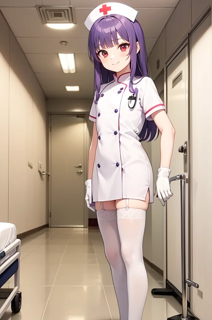 1boy, solo, male focus, nurse, white nurse cap, white nurse uniform, ((white legwear, zettai ryouiki)), white gloves, long hair, purple hair, red eyes, smile, standing, ((hospital room)), sharp outline, short sleeves, shota, , best quality, masterpiece