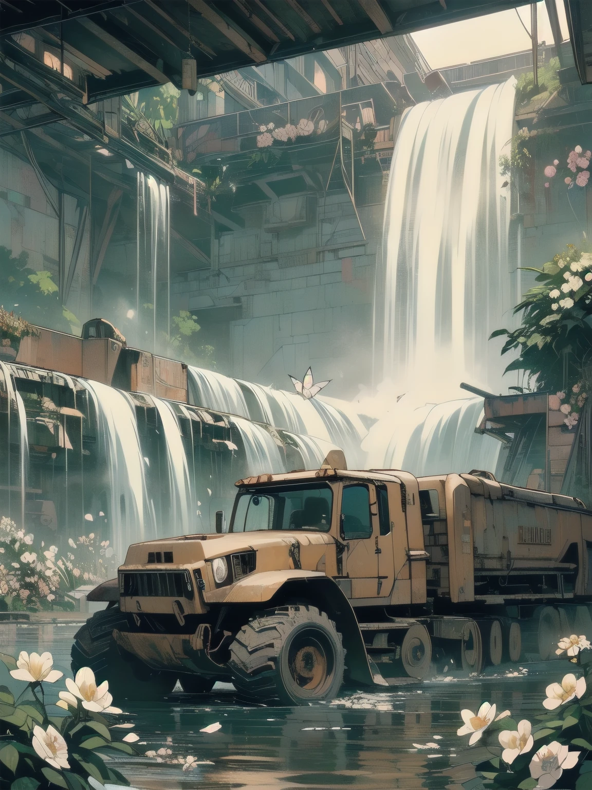 Detailed Machinery、Abandoned Factory、Atrium、(((White Flower Field)))、(((Rusty heavy equipment)))、Gorgeous light leaks、(((Sunset)))、fog、Detailed Background、Highest quality、(((No humans)))、Broken heavy machinery、Complex heavy machinery、Faint lighting、(((Fluttering white petals)))、sunset、(((Dull colors)))、(((Rusty detailed heavy machinery)))、(((Many white flowers fly)))、(((Heavy machinery covered in flowers)))、(((Lots of butterflies)))、(((Abandoned Garage)))、(((Submersion)))、(((waterfall from the ceiling)))、(((Heavy machinery falls over a waterfall))))、Heavy machinery is in the center of the screen