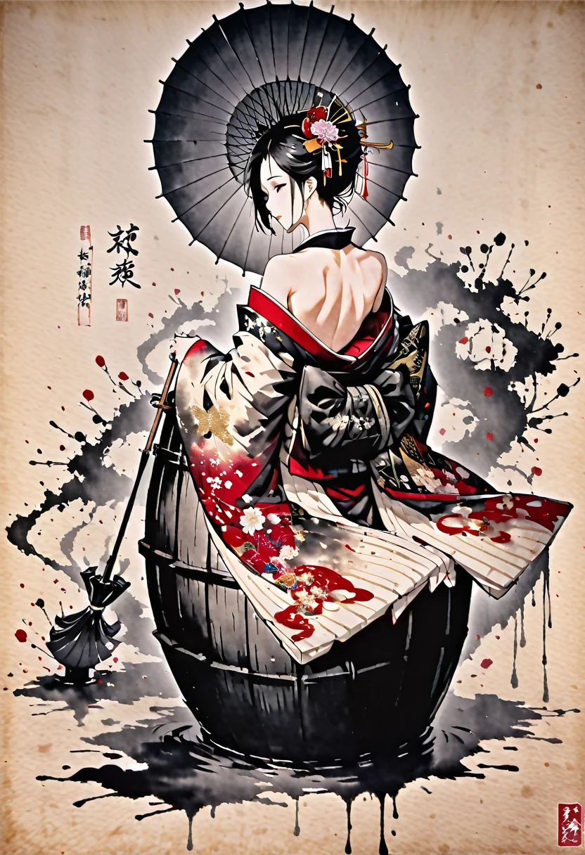 Ink painting,Black and white painting,splash,whole body,Oiran,geisha,Oiranの髪飾り,Big Barrel,Disheveled Hair,(A kimono with a wide open back collar from the nape to the back:1.2),Luxurious Japanese clothes,Large umbrella,smoke tube,