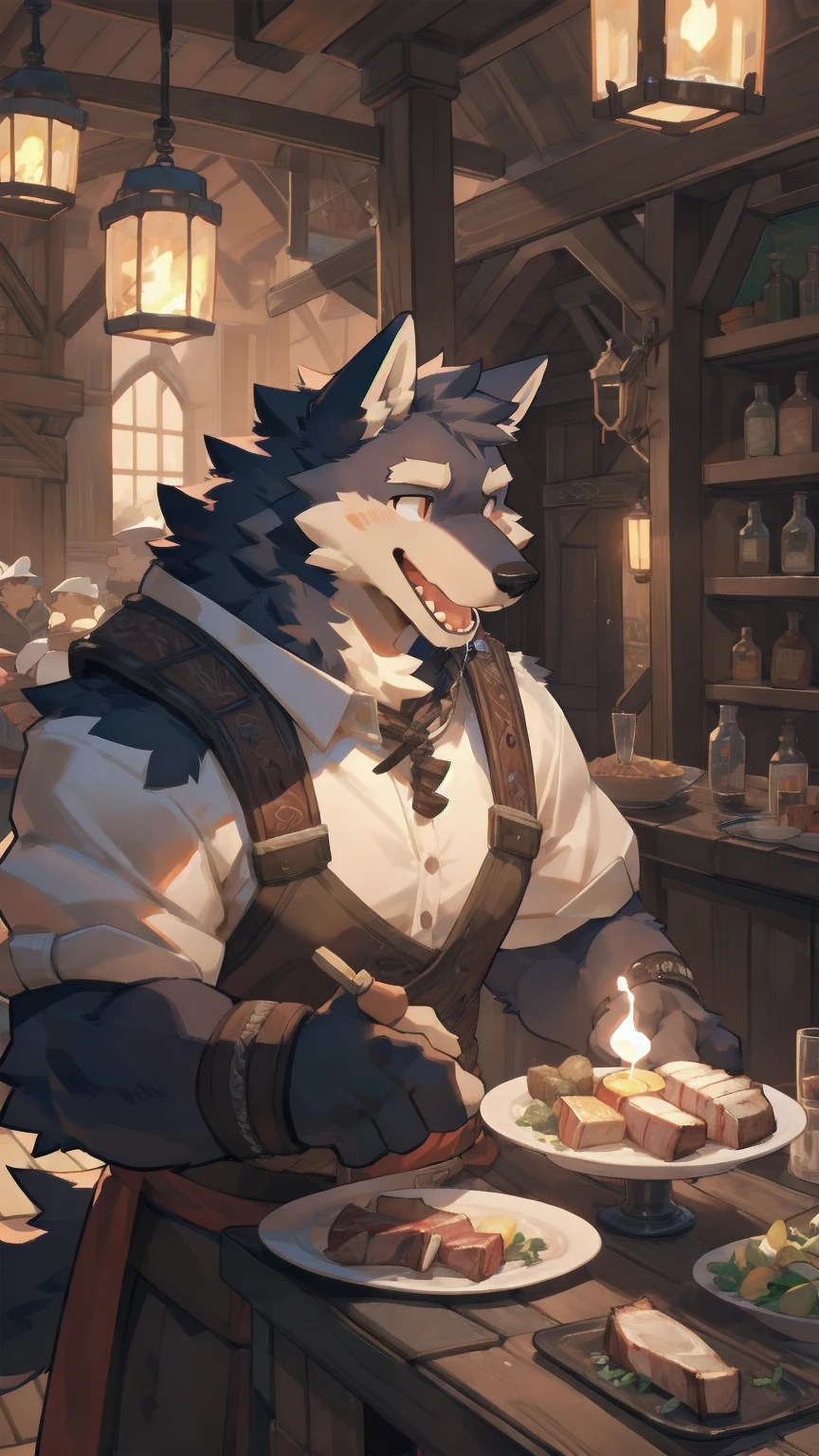 Solo, male,  in tavern, by bigcozyorca, by goonie-san, by bebebebebe, by spikedmauler, facing viewer, red, black fur, wolf, bushy tail, buff, adventurer armor, fantasy tavern background, open mouth, detailed mouth, closed mouth grin, drooling over fancy dinner, hungry expression, about to eat steak dinner.