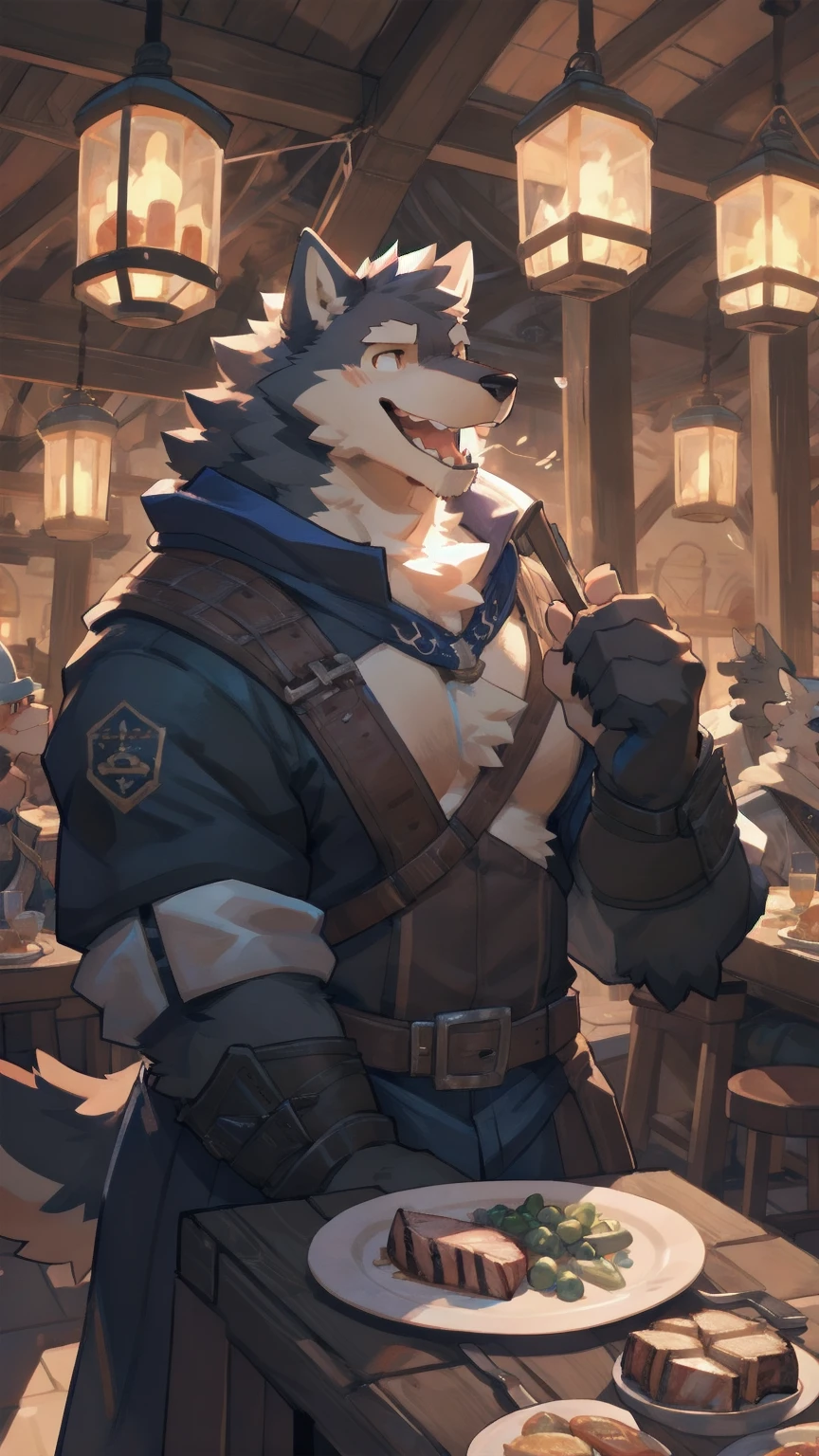 Solo, male, in tavern, by bigcozyorca, by goonie-san, by bebebebebe, by spikedmauler, facing viewer, red, black fur, wolf, bushy tail, buff, adventurer armor, fantasy tavern background, open mouth, detailed mouth, closed mouth grin, drooling over fancy dinner, hungry expression, about to eat steak dinner.