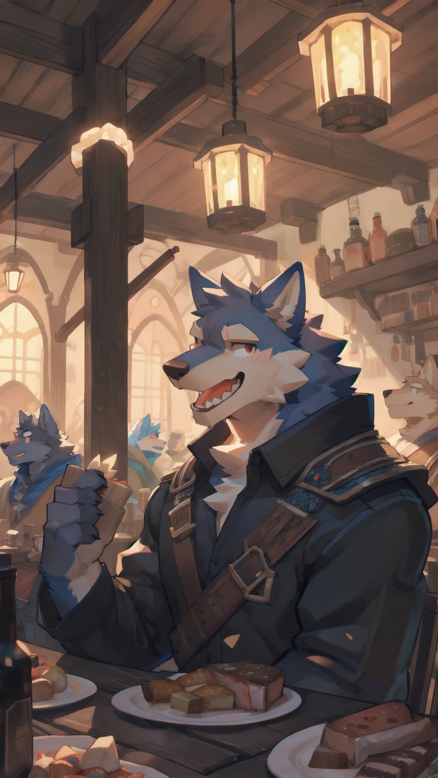 Solo, male,  in tavern, by bigcozyorca, by goonie-san, by bebebebebe, by spikedmauler, facing viewer, red, black fur, wolf, bushy tail, buff, adventurer armor, fantasy tavern background, open mouth, detailed mouth, closed mouth grin, drooling over fancy dinner, hungry expression, about to eat steak dinner.