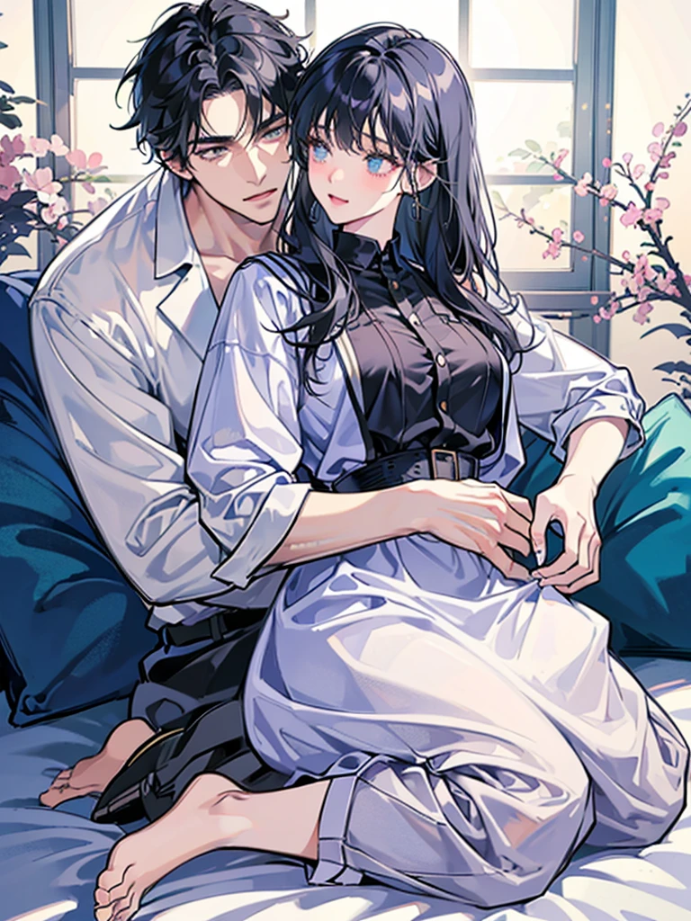 college couple、Lovers、black hair girl、cute、droopy eyes、hug、tall man、Handsome guy、detailed face、バックhug、pajamas、white clothes、A woman sits on a man's lap、smile
