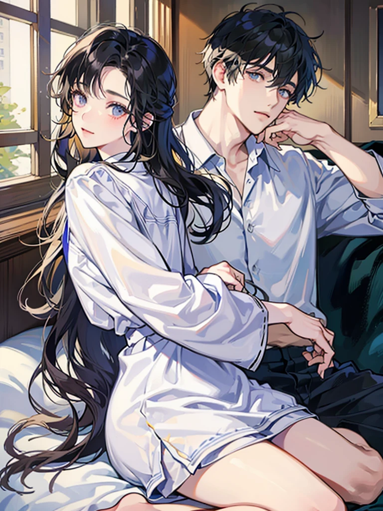 college student couple、Lovers、black hair girl、cute、droopy eyes、hug、tall man、Handsome guy、detailed face、バックhug、pajamas、white clothes、A woman sits on a man&#39;s lap、smile