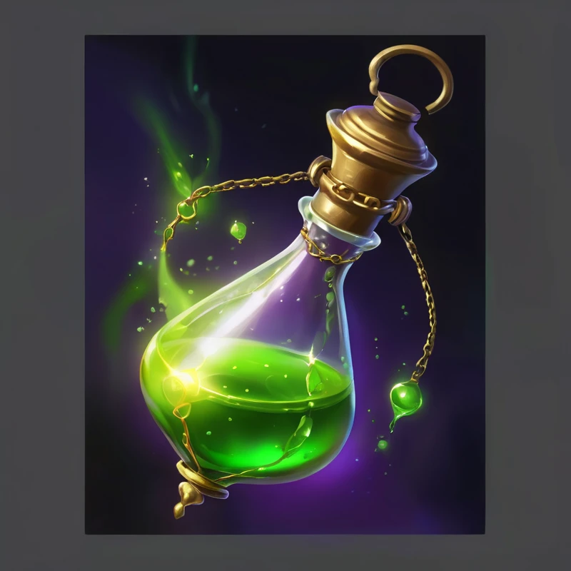 Green liquid in a glass bottle with a gold chain, painting of one health Potions, Potions of healing, Potions, magic Potionss, making a Potions, magical Potionss, glowing Potionss, Luminous oil, Fantasy game spell symbols, alchemy concept, health Potions, casting a spell on a Potions, Potionss, Rendering Art, Magic spell icon, Potions belt